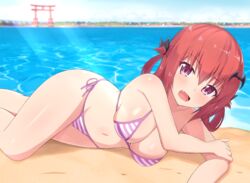  :d beach bikini blue_sky blush breasts cleavage day demon_girl female gabriel_dropout hair_ornament half-closed_eyes highres large_breasts looking_at_viewer lying md5_mismatch navel nyaroon ocean oerba_yun_fang on_side open_mouth outdoors panties pink_bikini purple_eyes red_hair sand satanichia_kurumizawa_mcdowell side-tie_bikini_bottom side-tie_panties sky smile solo string_bikini striped_bikini striped_clothes swimsuit underwear water 