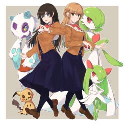  2girls arm_up bad_id bad_pixiv_id belt black_dress black_hair black_pantyhose blazer blue_eyes border brown_footwear brown_hair closed_mouth commentary_request crossover dress froslass gardevoir green_eyes green_hair holding holding_poke_ball jacket kirlia long_hair looking_at_viewer mimikyu multiple_girls nanami_touko open_mouth orange_jacket pantyhose pinafore_dress poke_ball pokemon pokemon_(creature) saeki_sayaka school_uniform shoes short_hair sleeveless sleeveless_dress smile thighhighs tohmi_higashi_high_school_uniform uniform white_border yagate_kimi_ni_naru yuuri_(orz_commushows) 