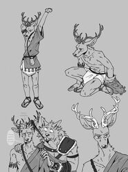  2022 5_fingers 5_toes anthro antlers armpit_hair armpit_tuft athletic athletic_anthro athletic_male beastars body_hair bottomwear canid canine canis cervine claws clothed clothing deer duo feet fingers footwear fur greyscale hand_on_shoulder hands_on_shoulders hi_res horn humanoid_feet humanoid_hands kneeling legoshi_(beastars) loincloth louis_(beastars) male mammal monochrome muscular muscular_anthro muscular_male plantigrade prehistoric red_deer sandals shedding_velvet size_difference spicedpopsicle standing stretching teeth toe_claws toes topless topless_anthro topless_male tribal undressing wolf wraps wrist_wraps 