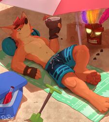  absurd_res activision aku_aku animate_inanimate anthro bandicoot barefoot beach beach_towel beach_umbrella beverage blue_bottomwear blue_clothing blue_swimming_trunks blue_swimwear bottle bottomwear brown_clothing brown_fingerless_gloves brown_gloves brown_handwear brown_nose clothed clothing coconut coconut_drink container content_smile cooler countershading crash_(series) crash_bandicoot day detailed_background digital_media_(artwork) drawstring drink_umbrella drupe_(fruit) english_text feathers feet fingerless_gloves food fruit fur gloves glowing glowing_body glowing_eyes glowing_feathers green_eyes hair handwear hi_res holding_beverage holding_object ice light living_clothing living_mask looking_at_another lying male mammal marsupial mask multicolored_body multicolored_fur on_back orange_body orange_fur outside pache_riggs parasol pawpads pecs pillow pink_pawpads plant raised_knee red_hair rock sand sand_castle sculpture seaside shaded shadow shirtless_male shovel signature smile solo straw_(disambiguation) sunlight swimming_trunks swimwear teeth text tools topless topless_anthro topless_male towel two_tone_body two_tone_fur umbrella white_body white_fur wood 