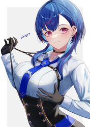  717minami alternate_breast_size black_choker black_corset black_gloves blue_hair blue_necktie breasts choker collared_shirt commentary_request corset female gloves highres long_hair looking_at_viewer multicolored_hair necktie nijisanji nishizono_chigusa nishizono_chigusa_(4th_costume) pink_eyes pink_hair shirt solo streaked_hair virtual_youtuber 