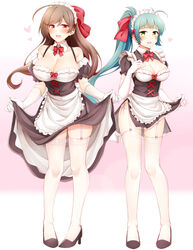  2girls :d ahoge alternate_costume apron black_dress black_footwear blush breasts brown_eyes brown_hair cleavage clothes_lift collarbone commentary detached_collar dress dress_lift elbow_gloves enmaided full_body garter_straps gloves green_eyes green_hair hair_ribbon heart high_heels highres irako_(kancolle) kantai_collection large_breasts lifting_own_clothes long_hair maid maid_apron maid_headdress mamiya_(kancolle) md5_mismatch medium_breasts medium_dress multiple_girls open_mouth ponytail pumps red_ribbon ribbon rui_shi_(rayze_ray) short_dress short_sleeves smile standing thighhighs underbust white_apron white_gloves white_legwear 