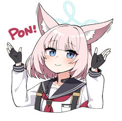  animal_ear_fluff animal_ears armband black_gloves blue_archive blue_eyes blush breast_pocket closed_mouth commentary_request cropped_torso female fingerless_gloves fox_ears gloves halo hands_up highres junsuina_fujunbutsu long_sleeves looking_at_viewer medium_hair motion_lines neckerchief niko_(blue_archive) pink_hair pocket red_neckerchief school_uniform serafuku simple_background smile solo throat_microphone upper_body white_background 