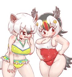  2girls adjusting_clothes adjusting_swimsuit animal_ears atlantic_puffin_(kemono_friends) belly bikini bird_tail bird_wings black_hair blonde_hair blush breasts cleavage clothes_pull frilled_bikini frills head_wings highleg kemono_friends large_breasts maki_(02uh14l1b740ao2) multicolored_clothes multicolored_hair multicolored_swimsuit multiple_girls one-piece_swimsuit one-piece_swimsuit_pull open_mouth plump red_eyes red_hair red_one-piece_swimsuit short_hair simple_background southern_tamandua_(kemono_friends) swimsuit tail tamandua_ears tamandua_tail two-tone_swimsuit undersized_clothes white_background white_hair white_one-piece_swimsuit wings 