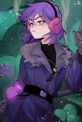  amity_blight belt black_shirt bottle cave clay closed_mouth earmuffs female finger_gun frown gloves grey_gloves hand_up highres holding holding_staff iotxva jacket key magic purple_hair purple_jacket shirt short_hair snow solo staff stalactite the_owl_house witch yellow_eyes 