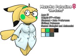  alternate_color anthro anthrofied clothing coat eyewear female generation_1_pokemon glasses green_cheeks hi_res lab_coat masoka_(softestpuffss) model_sheet nintendo pikachu pokemon pokemon_(species) pokemorph scientist softestpuffss solo topwear yellow_body 