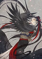  absurdly_long_hair black_feathers black_hair black_wings commentary_request earrings eyeshadow feathered_wings feathers female hair_bun harpy highres hoop_earrings jewelry long_hair makeup monster_girl obi original sash single_hair_bun sleeveless solo very_long_hair winged_arms wings yumeko_(yumeyana_g) 