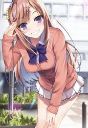  1girl advanced_nurturing_high_school_uniform ashaina_nazuna bent_over blue_bow busty_female classroom_of_the_elite flower_in_hair hair_pin long_hair looking_at_viewer orange_hair outside pink_jacket posing_for_the_viewer pov_eye_contact purple_eyes school_uniform schoolgirl short_skirt smiling_at_viewer teenager white_collared_shirt white_skirt younger_female 