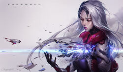  alternate_costume android breasts cable chengwei_pan commentary cropped_jacket cyberpunk damaged energy_beam facial_mark female floating_hair forehead_mark grey_hair hand_up highres jacket joints katarina_(league_of_legends) league_of_legends long_hair mechanical_arms mechanical_parts medium_breasts parted_lips project:_katarina project_(league_of_legends) red_eyes red_lips robot_joints sidelocks signature single_mechanical_arm solo visor_(armor) wind 