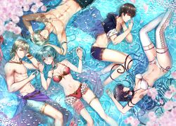  2girls 3boys abs aqua_hair arms_behind_head ayra_(fire_emblem) bad_id bad_twitter_id berkut_(fire_emblem) bikini black_hair blue_eyes bracelet breasts brother_and_sister cleavage closed_mouth commentary eirika_(fire_emblem) ephraim_(fire_emblem) fire_emblem fire_emblem:_genealogy_of_the_holy_war fire_emblem:_the_sacred_stones fire_emblem_echoes:_shadows_of_valentia fire_emblem_heroes grey_hair innes_(fire_emblem) innes_(summer)_(fire_emblem) jewelry long_hair lying male_swimwear medium_breasts multiple_boys multiple_girls muscular navel necklace on_back on_side pectorals petals red_bikini short_hair short_sleeves siblings swim_trunks swimsuit topless_male wani_(fadgrith) water white_bikini white_legwear 