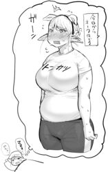  animal_ears bad_id bad_tumblr_id bed belly blush breasts cropped_legs dreaming elf elf-san_wa_yaserarenai. elfuda_(elf-san_wa_yaserarenai.) embarrassed female flying_sweatdrops greyscale highres huge_breasts large_breasts lying monochrome navel nightmare oerba_yun_fang oku_(elf-san_wa_yaserarenai) orc parted_lips pig_ears plump pointy_ears shirt short_sleeves simple_background sleeping solo standing surprised sweat synecdoche t-shirt thick_thighs thighs translated weight_conscious white_background zzz 