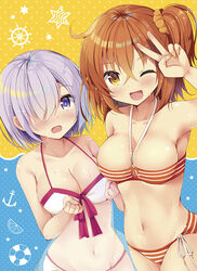  2girls ;d ahoge arm_up bad_id bad_pixiv_id bandeau bikini blush breasts cleavage collarbone commentary_request crossed_bangs dutch_angle fate/grand_order fate_(series) food front-tie_bikini_top front-tie_top fruit fujimaru_ritsuka_(female) fujimaru_ritsuka_(female)_(brilliant_summer) hair_ornament hair_over_one_eye hair_scrunchie hand_up hands_up innertube looking_at_viewer mash_kyrielight mash_kyrielight_(swimsuit_of_perpetual_summer) medium_breasts mori_airi multiple_girls nail_polish navel o-ring o-ring_top official_alternate_costume one_eye_closed open_mouth orange_(fruit) orange_bikini orange_eyes orange_hair orange_scrunchie orange_slice photoshop_(medium) polka_dot polka_dot_background purple_eyes purple_hair scrunchie see-through ship&#039;s_wheel short_hair side-tie_bikini_bottom side_ponytail smile sparkle star_(symbol) striped_bikini striped_clothes swim_ring swimsuit v white_bikini yellow_nails 