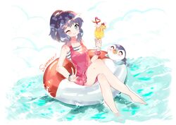  artist_request bare_shoulders beak berries blue_background blue_eyes blue_hair blush bracelet breasts casual_one-piece_swimsuit closed_eyes cocktail collarbone dawn_(pokemon) drink drinking_glass drinking_straw english eyebrows_visible_through_hair female flower food frilled_swimsuit frills fruit full_body glass hair_ornament hair_tie hands_up heart_straw highres innertube legs_crossed looking_at_viewer matching_hair/eyes one-piece_swimsuit one_eye_closed open_mouth orange_slice pink_swimsuit piplup pokemon pokemon_(creature) pokemon_dppt ponytail scrunchie short_hair simple_background sitting small_breasts smile steam swimsuit text tied_hair w water white_background white_flower wink wrist_scrunchie 