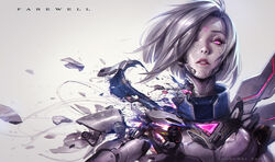  alternate_costume alternate_hair_color android artist_name breasts cable chengwei_pan commentary cyberpunk damaged female fiora_(league_of_legends) floating_hair glowing glowing_eyes grey_hair hair_over_one_eye highres league_of_legends looking_at_viewer mechanical_parts neon_trim parted_lips pink_eyes project:_fiora project_(league_of_legends) short_hair simple_background solo upper_body wind 