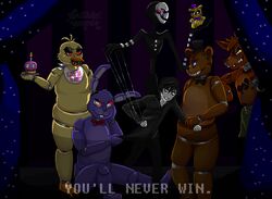  animatronic avian bear bird bonnie_(fnaf) bubblehermit canid canine chica_(fnaf) chicken cupcake_(fnaf) digital_media_(artwork) exposed_endoskeleton five_nights_at_freddy&#039;s five_nights_at_freddy&#039;s_2 fox foxy_(fnaf) fredbear_(fnaf) freddy_(fnaf) galliform gallus_(genus) glowing glowing_eyes group hook hook_hand human lagomorph leporid machine male mammal marionette_(fnaf) phasianid pirate plushie puppet rabbit robot scottgames 