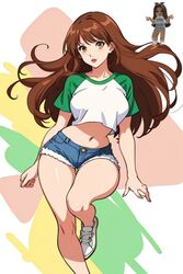  ai_generated brown_eyes brown_hair green_sleeves jean_shorts large_breasts large_thighs raglan_sleeves reference_image roblox roblox_avatar robloxian shorts tagme white_shirt white_shoes 