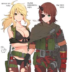  2girls amami_haruka assault_rifle bad_id bad_twitter_id bikini blonde_hair breasts brown_hair cigar cleavage cloak cosplay eyepatch fingerless_gloves gloves green_eyes gun horns hoshii_miki idolmaster idolmaster_(classic) knife large_breasts metal_gear_(series) metal_gear_solid_v:_the_phantom_pain multiple_girls prosthesis prosthetic_arm quiet_(metal_gear) quiet_(metal_gear)_(cosplay) rifle rod_(rod4817) single_horn swimsuit translation_request venom_snake venom_snake_(cosplay) weapon 