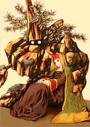  beige_background blonde_hair brown_dress cape commentary_request dress female final_fantasy final_fantasy_tactics full_body glowing glowing_eyes golem headband highres horns kurohina leaf long_hair long_sleeves looking_at_viewer photoshop_(medium) plant rock simple_background single_horn sitting smirk summoner_(fft) yellow_eyes 