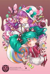  2015 2girls alternate_costume alternate_skin_color aqua_hair bittersweet_lulu boots bow candy candy_cane chocolate chocolate_bar commentary copyright_notice cupcake english_commentary english_text fairy food hairbow hat heterochromia ice_cream ice_cream_sandwich ippus league_of_legends lollipop lollipoppy long_hair looking_back lulu_(league_of_legends) macaron multiple_girls over_shoulder overalls pantyhose pink_background pix_(league_of_legends) poppy_(league_of_legends) purple_hair simple_background striped_clothes striped_pantyhose swirl_lollipop twintails vertical-striped_clothes vertical-striped_pantyhose wafer_stick watermark web_address yellow_eyes yordle 