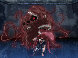  airi airi_(queen&#039;s_blade) from_behind huge_tongue long_hair monster queen&#039;s_blade red_hair saliva sitting ss-brain tentacle tongue twintails you_gonna_get_raped 