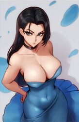  ai-assisted bare_shoulders black_choker black_hair blue_dress breasts choker cleavage closed_mouth collarbone covered_navel dress female frown grey_background highres large_breasts long_hair looking_at_viewer nico_robin off-shoulder_dress off_shoulder one_piece one_piece_treasure_cruise petals shiny_skin skindentation solo vcais 