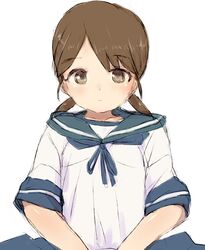  alchera blue_sailor_collar blue_skirt brown_eyes brown_hair collared_shirt female kantai_collection low_twintails neckerchief parted_bangs sailor_collar school_uniform serafuku shirayuki_(kancolle) shirt short_hair short_twintails simple_background skirt solo twintails upper_body white_background 