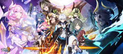  4boys 6+girls :d absurdres ahoge animal_ears aponia_(honkai_impact) asymmetrical_gloves bare_shoulders barefoot beret black_coat black_dress black_gloves black_hair black_jacket black_pants black_shorts blue_eyes brown_gloves brown_hair brown_jacket brown_shirt can_(honkai_impact) cat_ears cat_girl cat_tail claw_ring closed_eyes closed_mouth coat crown dress dual_persona eden_(honkai_impact) elf elysia_(herrscher_of_human:_ego)_(honkai_impact) elysia_(honkai_impact) elysia_(miss_pink_elf)_(honkai_impact) feline flaming_sword flaming_weapon fox_ears fu_hua fu_hua_(shadow_knight) full_body gloves green_eyes green_hair grey_coat grin griseo griseo_(starry_impression) habit hair_ornament hat headband highres holding holding_sheath holding_sword holding_weapon honkai_(series) honkai_impact_3rd horns jacket kalpas_(honkai_impact) katana kevin_kaslana kosma long_hair long_sleeves looking_at_viewer mask mismatched_gloves mobius_(honkai_impact) multiple_boys multiple_girls nun official_art open_mouth own_hands_together pants pardofelis_(honkai_impact) pink_eyes pink_hair pointy_ears praying purple_dress purple_hair sakura_(honkai_impact) sheath shirt short_hair shorts single_thighhigh sleeveless sleeveless_dress smile su_(honkai_impact) sword tail teeth thighhighs top_hat twintails veil vill-v wavy_hair weapon white_dress white_gloves white_hair white_shirt white_thighhighs yae_sakura yae_sakura_(goushinnso_memento) 