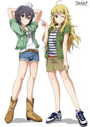  2girls absurdres ahoge antenna_hair arms_behind_head artist_name black_hair blonde_hair boots cosplay costume_switch green_eyes hair_between_eyes hand_up highres hoshii_miki idolmaster idolmaster_(classic) jacket kikuchi_makoto long_hair miniskirt multiple_girls one_eye_closed purple_eyes shirt shoes short_hair short_shorts shorts skirt smile sneakers striped_clothes striped_shirt takatsuki_p white_background 