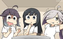  3girls ahoge alternate_costume asashimo_(kancolle) asashio_(kancolle) black_hair blue_eyes commentary_request dated disappearance_outline dotted_line food food_on_face grey_eyes grey_hair hair_over_one_eye hair_ribbon hamu_koutarou hayanami_(kancolle) highres kantai_collection long_hair multiple_girls one-hour_drawing_challenge plate ponytail ribbon sharp_teeth shirt short_hair sidelocks t-shirt teeth trembling upper_body white_ribbon white_shirt 