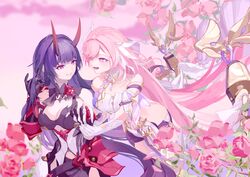  2girls absurdres armor bare_shoulders black_hair breasts cleavage elysia_(herrscher_of_human:_ego)_(honkai_impact) elysia_(honkai_impact) feet_out_of_frame flower gloves highres holding_hands honkai_(series) honkai_impact_3rd horns japanese_armor large_breasts long_hair looking_at_another multicolored_background multiple_girls pink_hair purple_eyes raiden_mei raiden_mei_(herrscher_of_thunder) roena sidelocks single_strap smile white_gloves yuri 