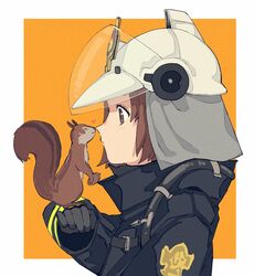  acorn animal animal_ears animal_ears_helmet arknights bad_id bad_twitter_id black_gloves black_jacket blush brown_eyes brown_hair closed_mouth commentary_request fake_animal_ears female fire_helmet firefighter_jacket gloves heart highres jacket long_sleeves looking_at_animal looking_away mmm_ma_pmpm noses_touching orange_background profile shaw_(arknights) sleeves_past_wrists solo squirrel two-tone_background visor white_background white_headwear 