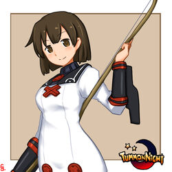  bow_(weapon) brown_eyes brown_hair closed_mouth commentary_request cosplay cowboy_shot cy301 dress female hiryuu_(kancolle) holding holding_bow_(weapon) holding_weapon kantai_collection logo_parody one-hour_drawing_challenge one_side_up parody short_hair smile solo star_(symbol) summon_night summon_night_2 title_parody toris toris_(cosplay) weapon white_dress yumi_(bow) 