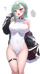  :o bare_shoulders black_gloves black_jacket blush breasts commentary_request competition_swimsuit covered_navel earclip earrings feet_out_of_frame female fingerless_gloves gloves green_hair hair_ornament hairclip half_gloves halterneck hand_up heart highleg highleg_swimsuit highres jacket jewelry large_breasts looking_at_viewer morros o-ring o-ring_thigh_strap off_shoulder one-piece_swimsuit open_clothes open_jacket open_mouth original pink_eyes short_hair simple_background solo spoken_blush standing swimsuit thigh_strap v-shaped_eyebrows white_background white_one-piece_swimsuit 