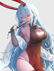  absurdres animal_ears azur_lane black_gloves blue_hair boise_(azur_lane) boise_(jade_mermaid)_(azur_lane) breasts cleavage commentary_request covered_navel covering_own_mouth dress elbow_gloves female fingerless_gloves flower folded_fan folding_fan gloves hair_between_eyes hair_flower hair_ornament hand_fan highres long_hair official_alternate_costume orange_eyes partial_commentary rabbit_ears sideboob skindentation solo standing very_long_hair white_background yagi_(yagi5art) 