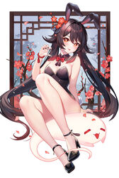  absurdres alternate_costume animal_ears bare_arms bare_legs bare_shoulders bead_bracelet beads black_footwear black_hair black_leotard boo_tao_(genshin_impact) bow bowtie bracelet breasts cleavage closed_mouth convenient_leg detached_collar fake_animal_ears fake_tail female flower flower-shaped_pupils genshin_impact ghost gradient_hair hair_flower hair_ornament hand_up high_heels highres hu_tao_(genshin_impact) jewelry lalazyt legs leotard long_hair looking_at_viewer medium_breasts multicolored_hair nail_polish petals playboy_bunny plum_blossoms rabbit_ears rabbit_tail red_eyes red_flower sitting smile solo strapless strapless_leotard symbol-shaped_pupils tail thighs tongue tongue_out twintails v-shaped_eyebrows very_long_hair 