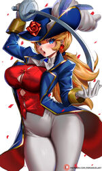  absurdres alternate_breast_size artist_name ascot blue_coat blue_hat blush breasts brooch button_gap cleavage coat earrings enma_(enmanuelart) female flower gloves gold_trim hat hat_feather hat_flower highres jewelry large_breasts long_hair long_sleeves looking_at_viewer mario_(series) official_alternate_costume open_mouth pants patreon_logo patreon_username ponytail princess_peach princess_peach:_showtime! rapier red_shirt rose shirt solo sphere_earrings sword swordfighter_peach thighs weapon web_address white_gloves white_pants 