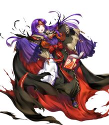  alternate_costume book boots cape feathers female fire_emblem fire_emblem:_radiant_dawn fire_emblem_heroes full_body headband highres long_hair non-web_source official_art open_mouth purple_hair sanaki_kirsch_altina sanaki_kirsch_altina_(resplendent) solo teeth torn_clothes transparent_background yamada_koutarou yellow_eyes 