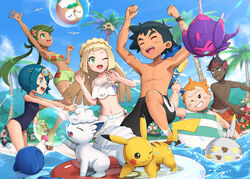  3boys 3girls ;d alolan_exeggutor alolan_marowak alolan_vulpix beach bikini black_hair blonde_hair blue_hair closed_mouth commentary_request dark-skinned_male dark_skin day gonzarez green_bikini green_hair highres kiawe_(pokemon) lana_(pokemon) lillie_(pokemon) male_swimwear mallow_(pokemon) multiple_boys multiple_girls navel one-piece_swimsuit one_eye_closed orange_hair outdoors palm_tree pikachu poipole pokemon pokemon_(anime) pokemon_(creature) pokemon_sm_(anime) popplio redrawn rowlet satoshi_(pokemon) sky smile sophocles_(pokemon) strapless strapless_bikini swim_trunks swimsuit togedemaru topless_male torracat tree turtonator water white_bikini 