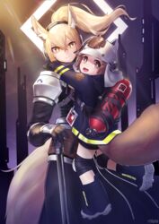  2girls :d absurdres animal_ear_fluff animal_ears animal_ears_helmet arknights armor artist_name atgyu black_gloves blonde_hair brown_eyes brown_hair carrying commentary_request cowboy_shot fire_helmet firefighter firefighter_jacket gloves hair_between_eyes headphones headset highres horse_ears horse_girl horse_tail hug jacket knee_pads korean_commentary large_tail looking_at_viewer multiple_girls nearl_(arknights) open_mouth oxygen_tank pauldrons ponytail shaw_(arknights) short_hair shoulder_armor shoulder_pads smile squirrel_girl squirrel_tail standing tail white_armor 