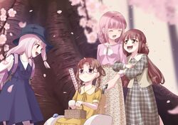  4girls blunt_bangs braid brown_eyes brown_hair casual cherry_blossoms dress floral_print glasses hair_ornament hair_rings hat highres hiiragi_nemu long_hair magia_record:_mahou_shoujo_madoka_magica_gaiden mahou_shoujo_madoka_magica medium_hair monznyan multiple_girls open_mouth parted_bangs petals picnic_basket pink_eyes pink_hair plaid plaid_dress purple_eyes satomi_touka short_hair sidelocks tamaki_iroha tamaki_ui tree twin_braids wheelchair 