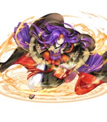  alternate_costume book boots cape feathers female fire fire_emblem fire_emblem:_radiant_dawn fire_emblem_heroes full_body headband highres long_hair magic_circle non-web_source official_art open_mouth purple_hair sanaki_kirsch_altina sanaki_kirsch_altina_(resplendent) solo transparent_background yamada_koutarou yellow_eyes 