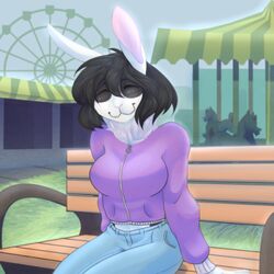  1:1 amusement_ride anonymous_artist anthro artyaardvark_(artist) bench big_breasts breasts clothing female jessy_walkers lagomorph low_res mammal smile solo sweater topwear 