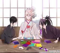  3boys black_hair blue_eyes commentary_request eyes_visible_through_hair fudou_yukimitsu green_eyes heterochromia japanese_clothes kimono male_focus multiple_boys official_art origami paper petals pink_hair ponytail purple_eyes purple_hair sliding_doors smile souza_samonji suzuki_jirou table touken_ranbu yagen_toushirou yukata 