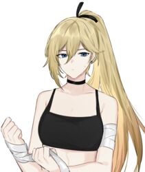  3o_c bandages bare_shoulders bianka_durandal_ataegina black_choker black_sports_bra blonde_hair blue_eyes choker closed_mouth collarbone earrings female highres honkai_(series) honkai_impact_3rd jewelry long_hair looking_at_viewer ponytail simple_background solo sports_bra upper_body very_long_hair white_background 