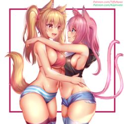  2girls ahoge animal_ear_fluff animal_ears bikini bikini_top_only blonde_hair blue_eyes blush breasts cat_ears cat_tail closed_mouth collaboration commentary english_commentary hair_between_eyes highres hug kaptivate large_breasts long_hair looking_at_another multiple_girls multiple_tails navel nekomia_(kaptivate) nottytiffy oerba_yun_fang open_mouth original panties patreon_username pink_hair red_eyes short_shorts shorts simple_background slit_pupils smile striped_clothes striped_panties striped_thighhighs swimsuit tail thighhighs tiffy_(nottytiffy) twintails underwear watermark web_address white_thighhighs yellow_eyes yuri 