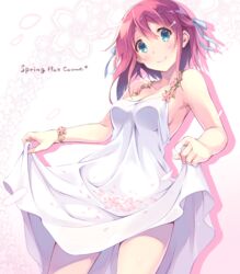  aqua_ribbon bare_arms bare_shoulders blue_eyes blush breasts cherry_blossoms cleavage commentary_request dress english_text female from_below hair_between_eyes hair_ornament hair_ribbon hairclip itoichi. long_dress long_hair looking_at_viewer medium_breasts original pink_hair ribbon skirt_basket sleeveless sleeveless_dress smile solo spring_(season) white_dress wrist_flower 