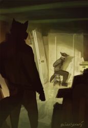  anthro blood bodily_fluids bound canid canine clothed clothing detailed_background duo furniture hostage male mammal signature sitting solo_focus stool strange-fox submissive submissive_male tail 