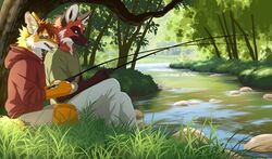  2019 akitamonster anthro canid canine canis clothed clothing coyote day detailed_background digital_media_(artwork) duo fishing fox male mammal open_mouth outside sitting smile teeth tongue 