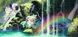  2019 akitamonster amazing_background ambiguous_gender canid chibi colorful_theme daww day detailed detailed_background digital_media_(artwork) digital_painting_(artwork) duo elnin feral fur iridescent iridescent_tail mammal moss outside plant sitting sparklefur water white_body white_fur 