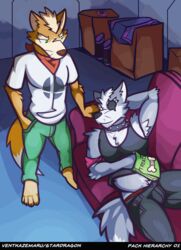  4_toes anthro barefoot canid canine canis claws collar dialogue duo english_text eye_patch eyewear feet fox fox_mccloud hi_res kerchief male mammal neckerchief nintendo pack_hierarchy slideshow slightly_chubby star_fox super_smash_bros. text toes ventkazemaru whiskers wolf wolf_o&#039;donnell 